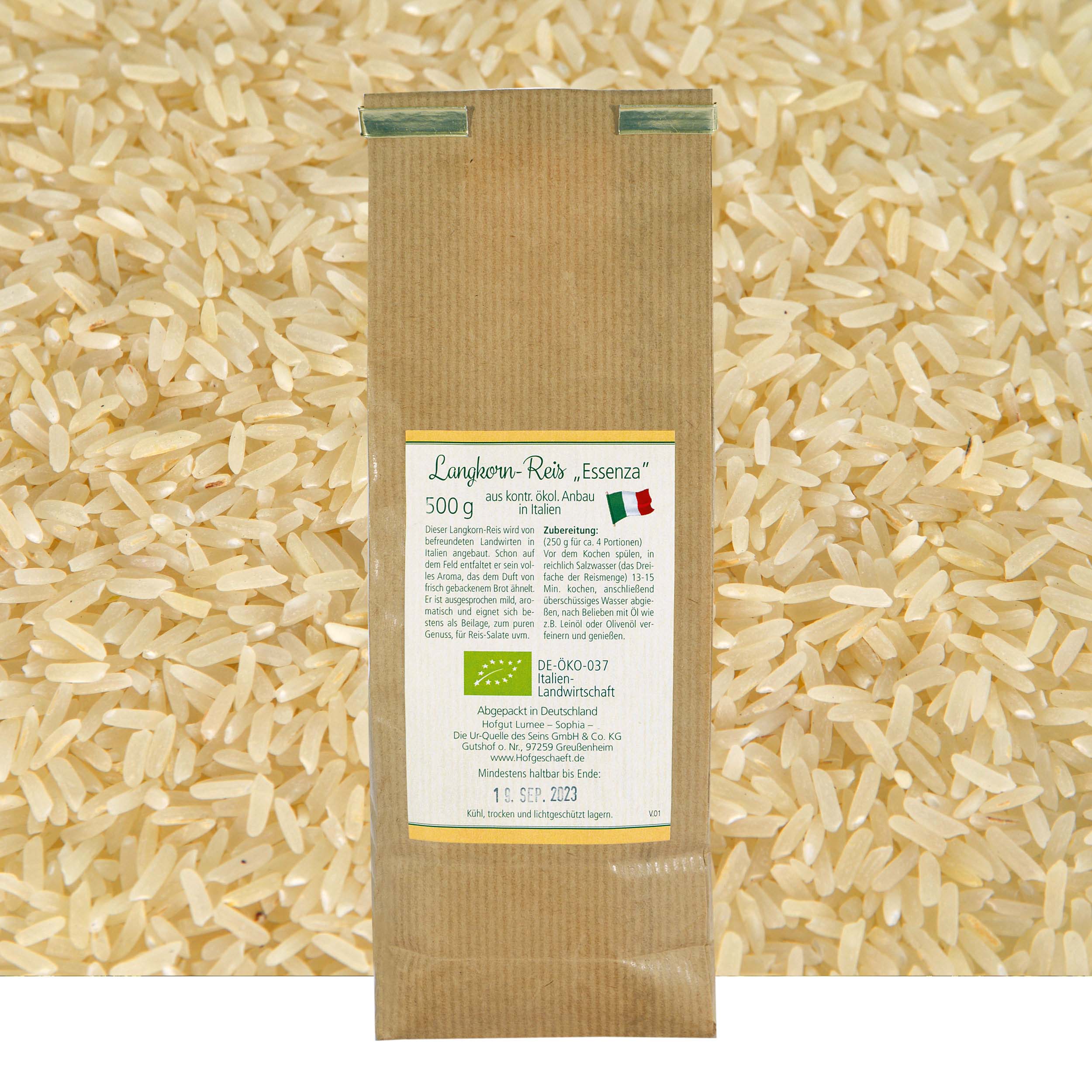 Rückseite der Verpackung Langkorn-Reis "Essenza"